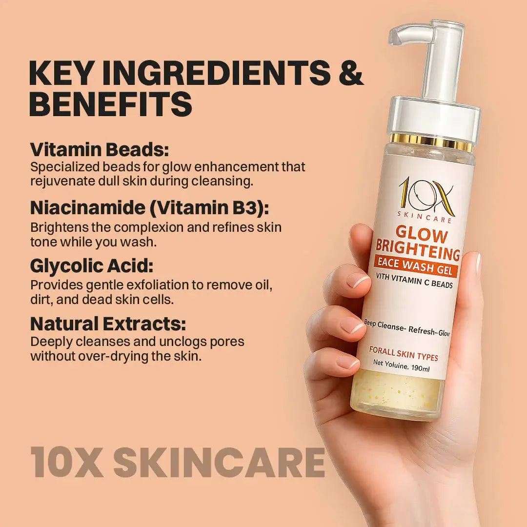10X Glow Brightening Face Wash Gel with Vitamin C Beads  Deep Pore Cleanser for Radiant, Even Skin Tone (130ml) 10X Skin Care
