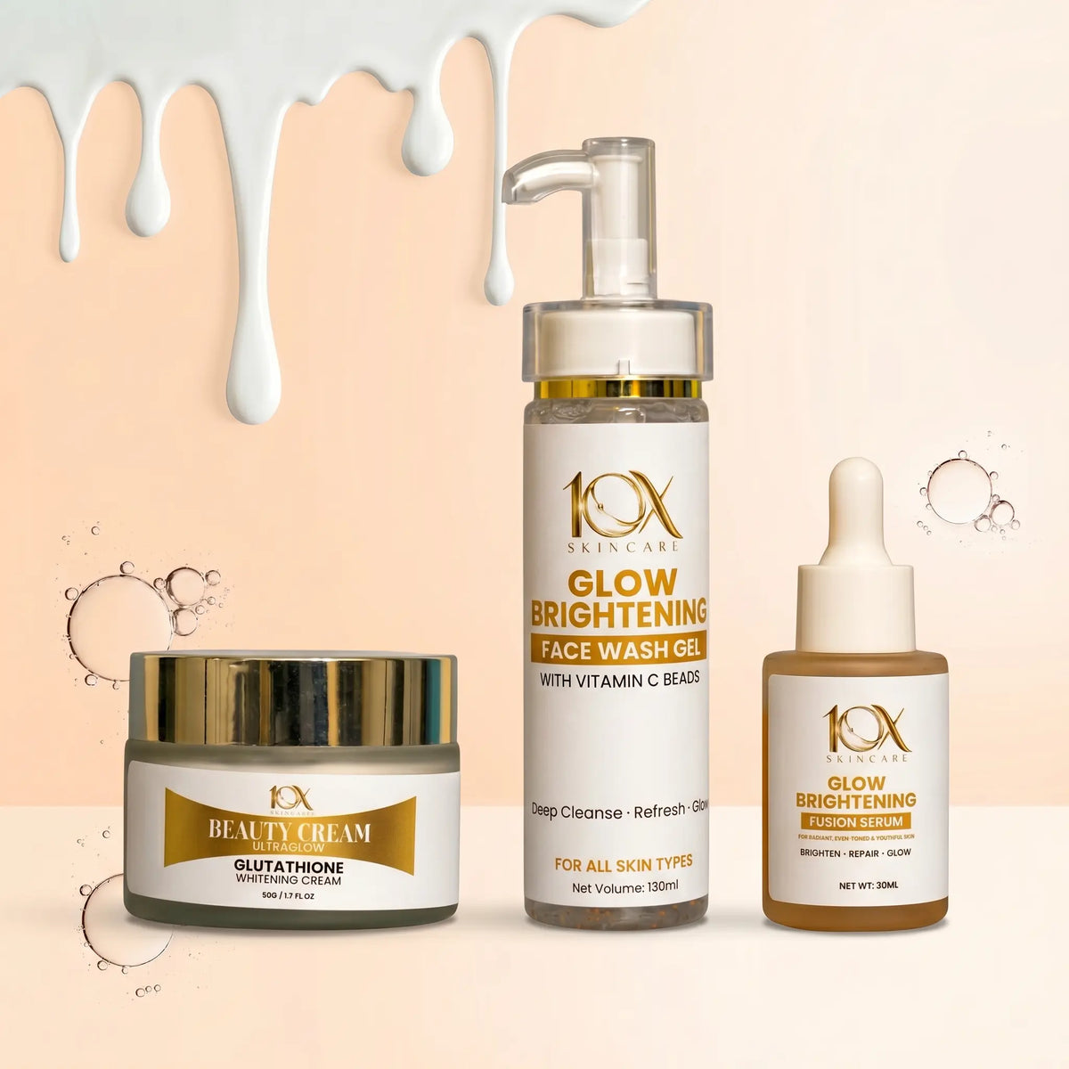 10X Brightening & Glow Kit – Face Wash (130ml) + Glow Fusion Serum (30ml) + Ultra Glow Cream (50g) | Radiant, Even Skin Tone & Deep Hydration Set 10xskincare