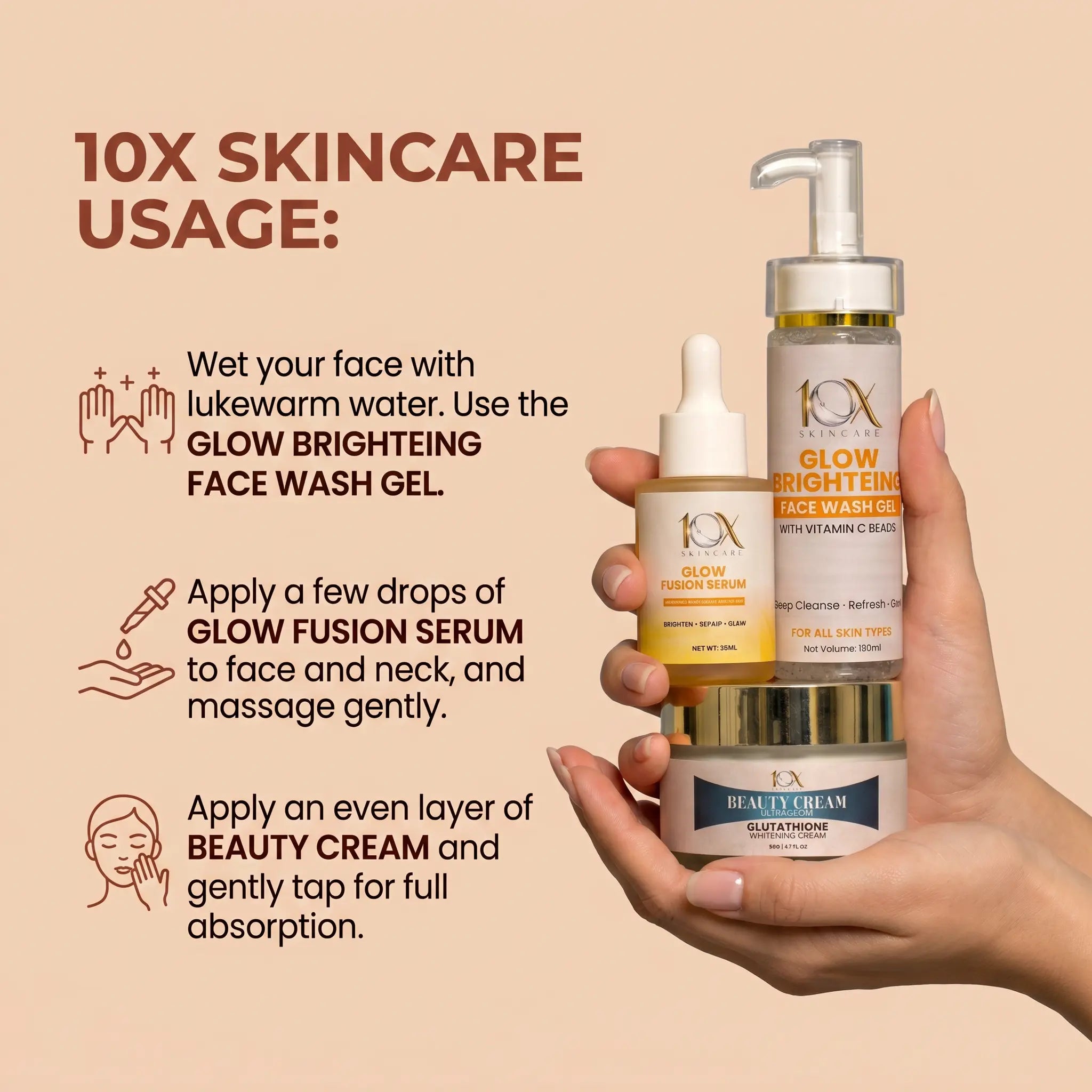 10X Brightening & Glow Kit – Face Wash (130ml) + Glow Fusion Serum (30ml) + Ultra Glow Cream (50g) | Radiant, Even Skin Tone & Deep Hydration Set 10xskincare